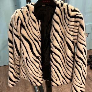 Black and white faux fur zebra print jacket